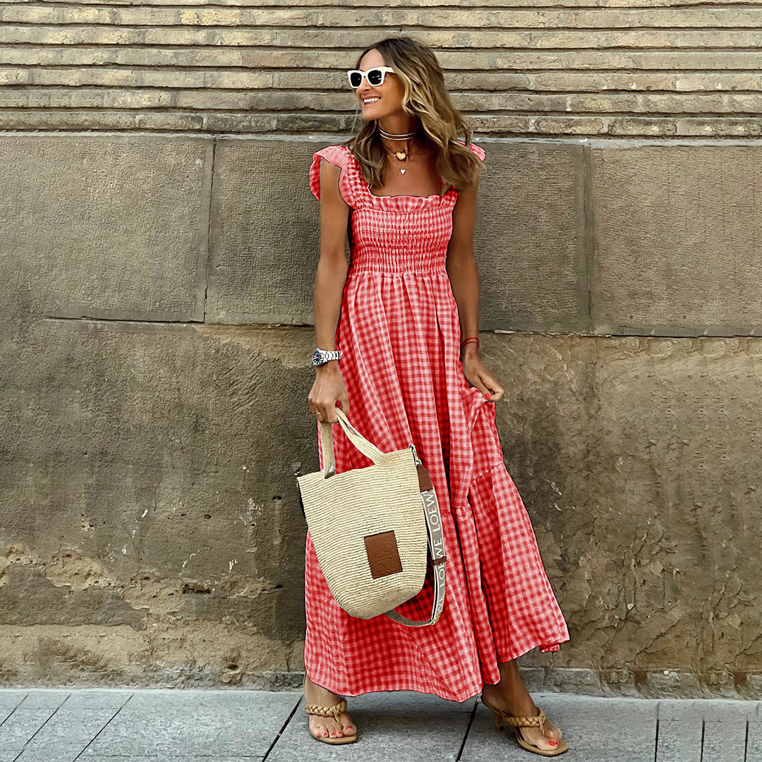Gingham Maxi-jurk - Gesmokt lijfje & Ruches