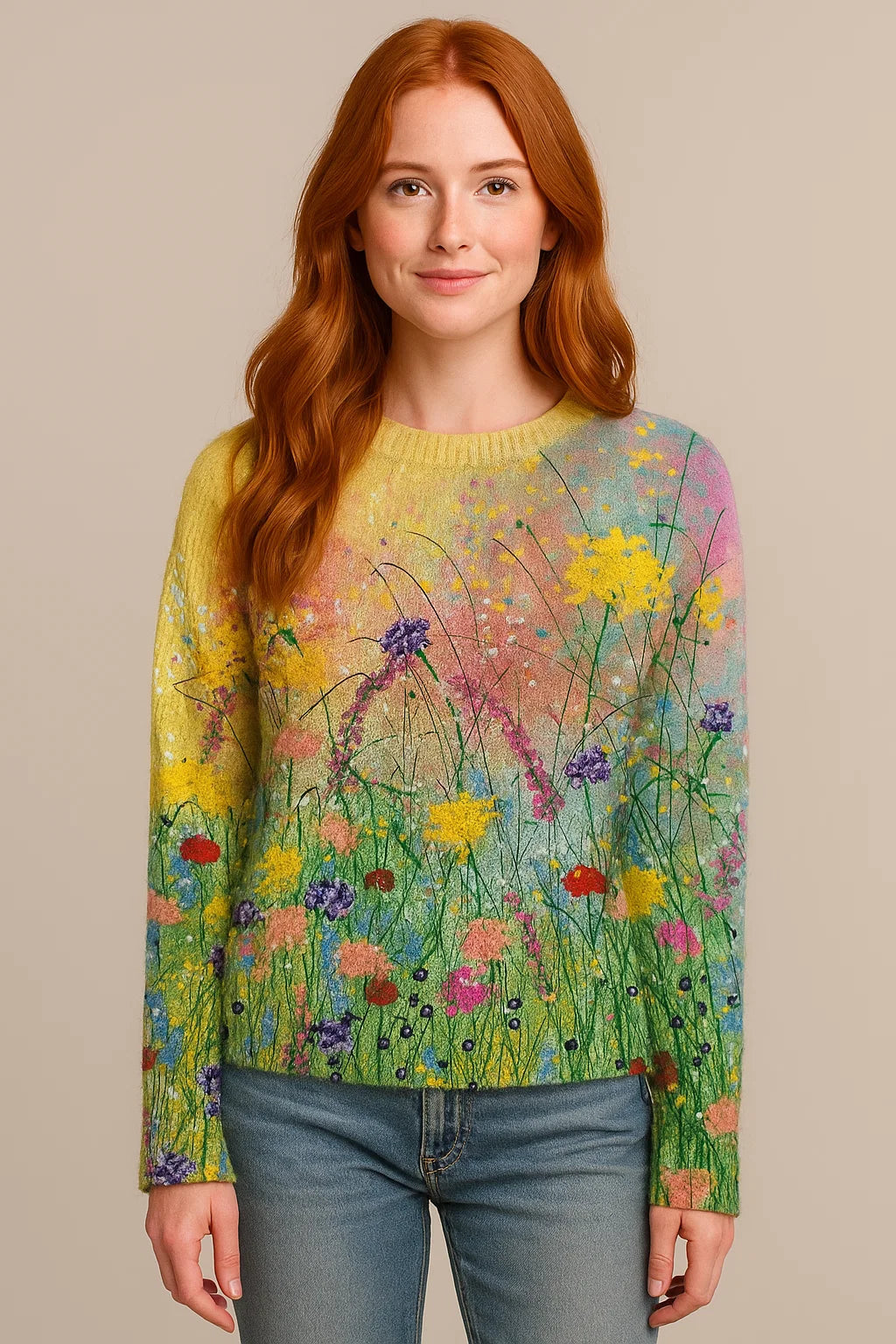 Hadrige - Gezellige trui met olieverfschilderij van bloemen