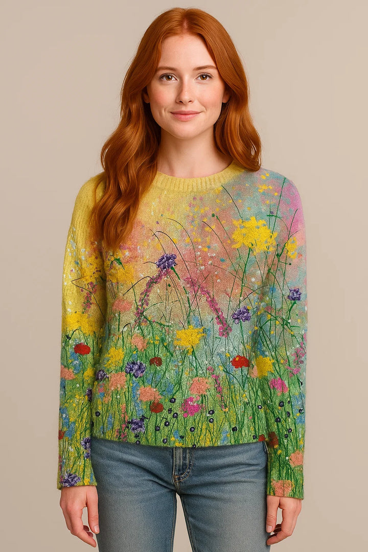 Hadrige - Gezellige trui met olieverfschilderij van bloemen