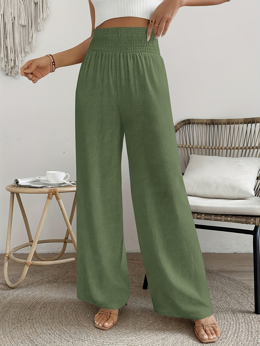 Hoge Taille Broek – Wijde Pijpen & Elastische Tailleband