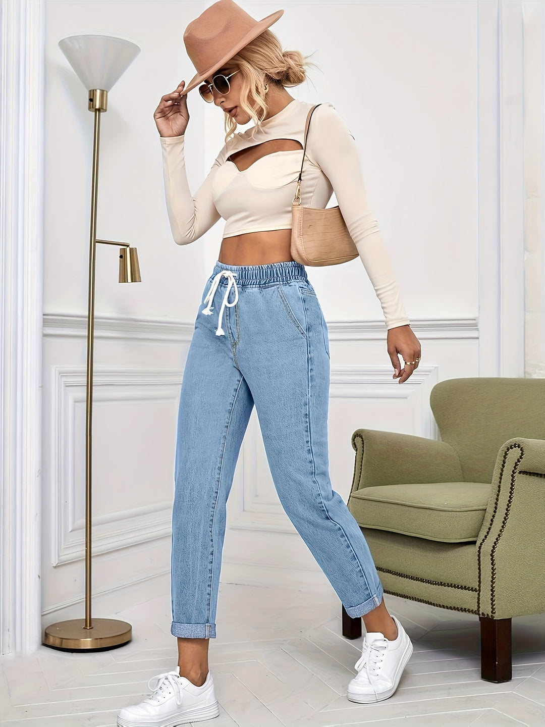 Hoge Taille Denim Broek – Trekkoord & Comfortabele Pasvorm