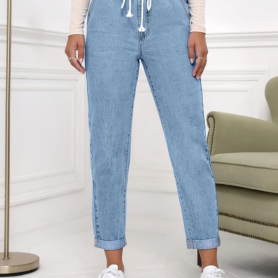 Hoge Taille Denim Broek – Trekkoord & Comfortabele Pasvorm