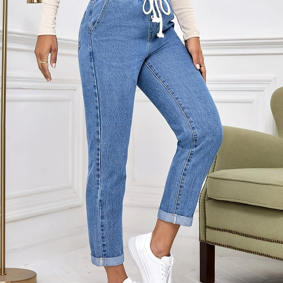 Hoge Taille Denim Broek – Trekkoord & Comfortabele Pasvorm