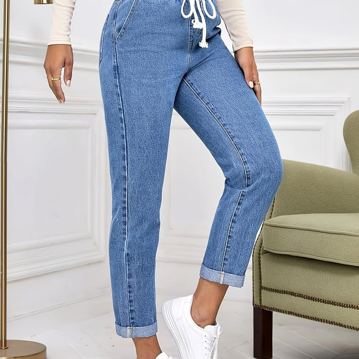 Hoge Taille Denim Broek – Trekkoord & Comfortabele Pasvorm