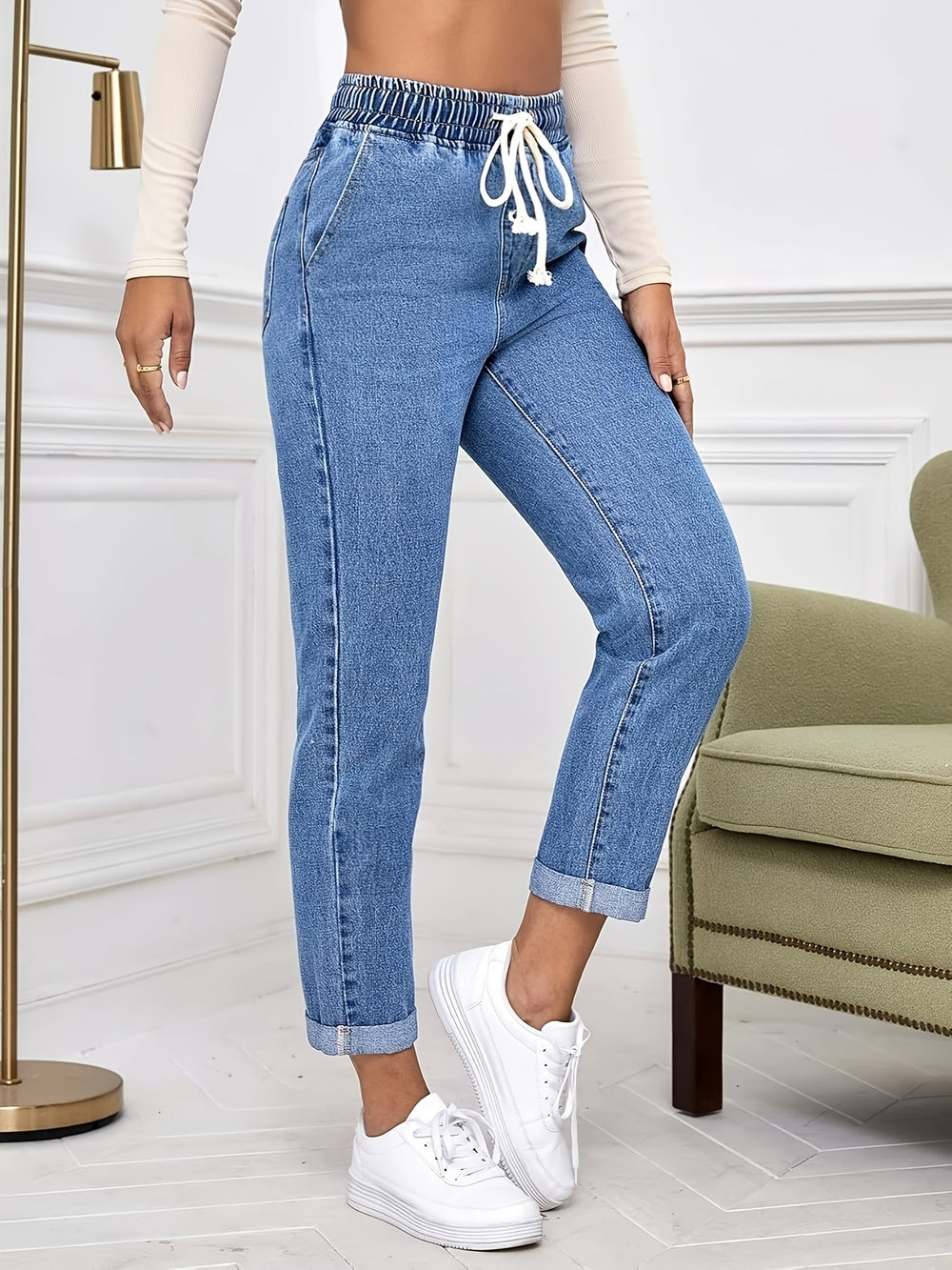 Hoge Taille Denim Broek – Trekkoord & Comfortabele Pasvorm