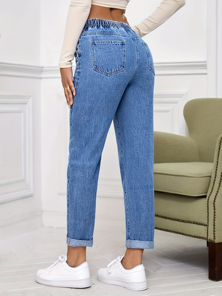 Hoge Taille Denim Broek – Trekkoord & Comfortabele Pasvorm