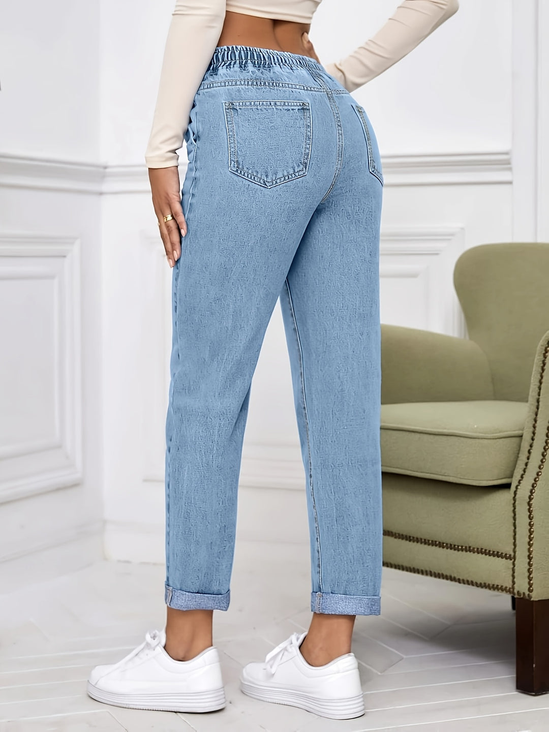 Hoge Taille Denim Broek – Trekkoord & Comfortabele Pasvorm