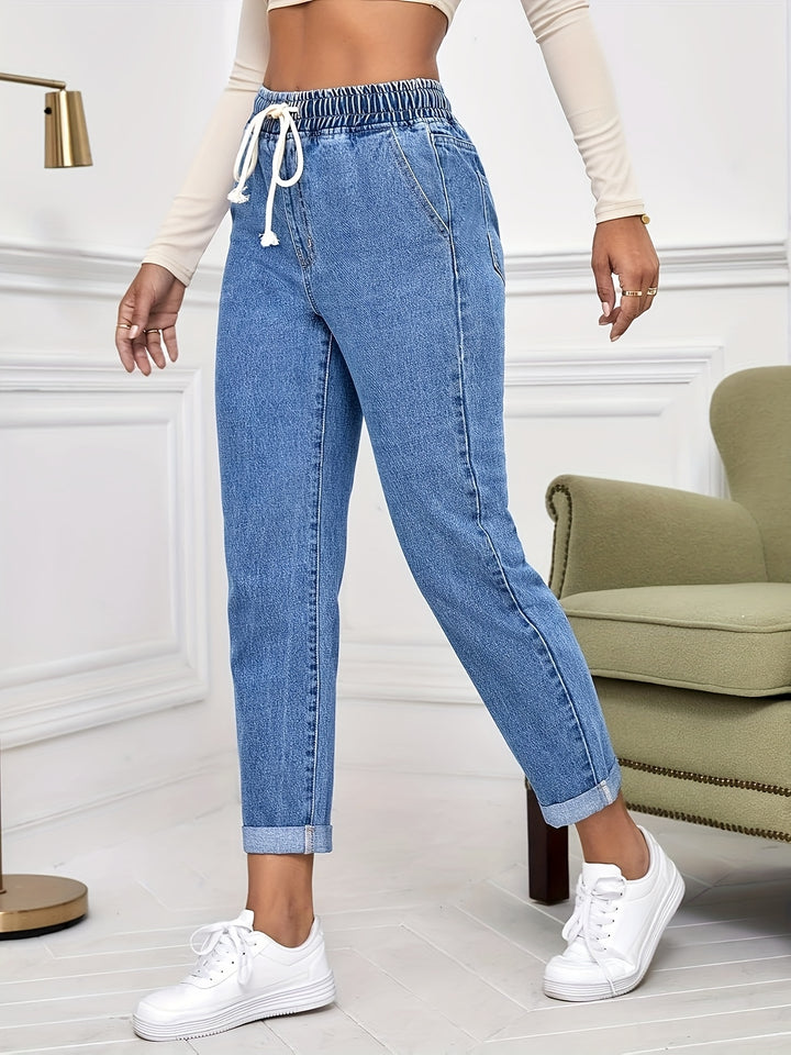 Hoge Taille Denim Broek – Trekkoord & Comfortabele Pasvorm