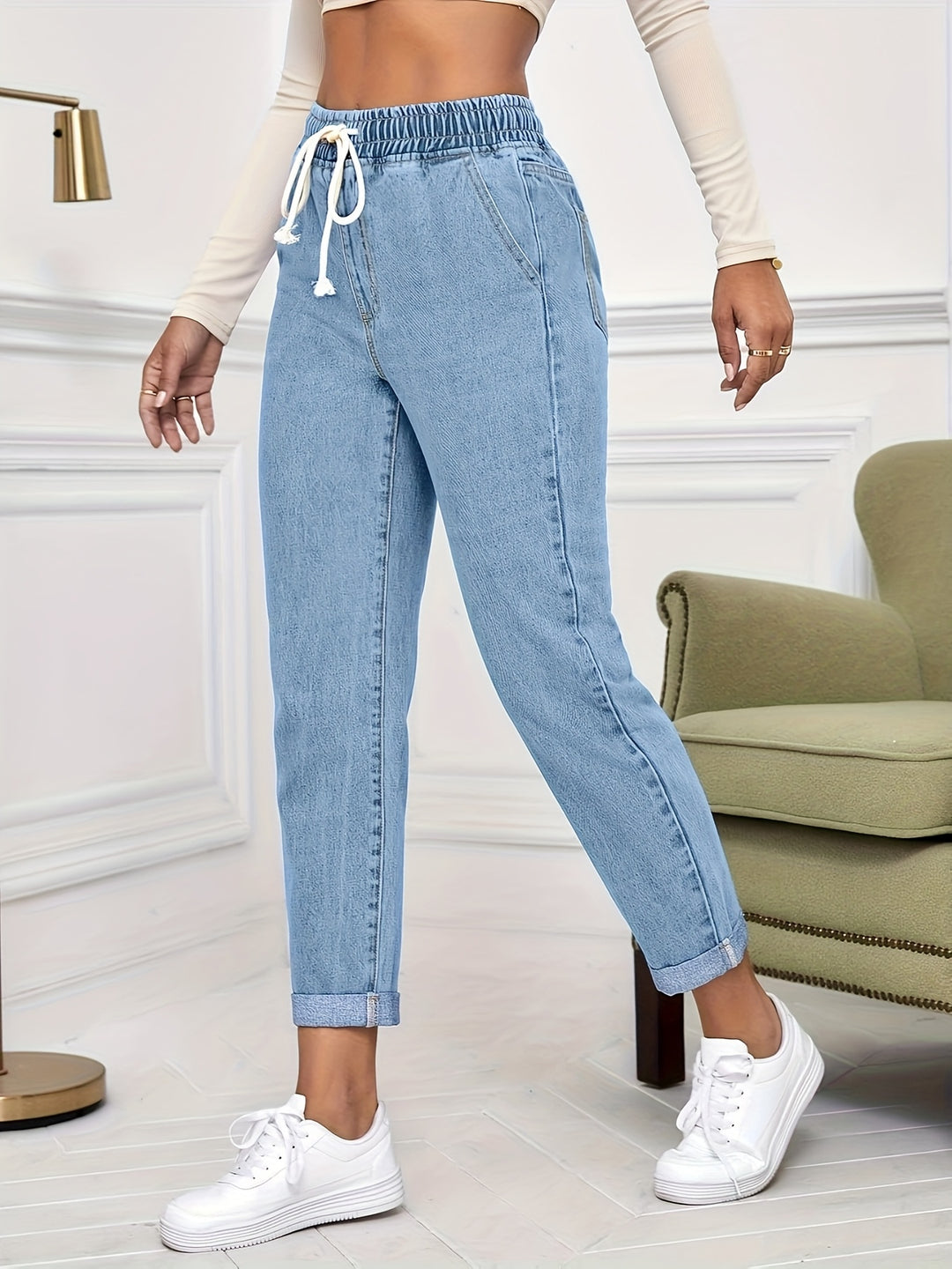 Hoge Taille Denim Broek – Trekkoord & Comfortabele Pasvorm