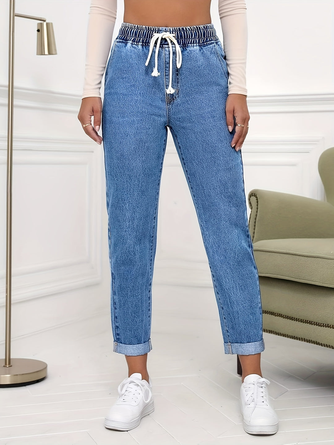Hoge Taille Denim Broek – Trekkoord & Comfortabele Pasvorm