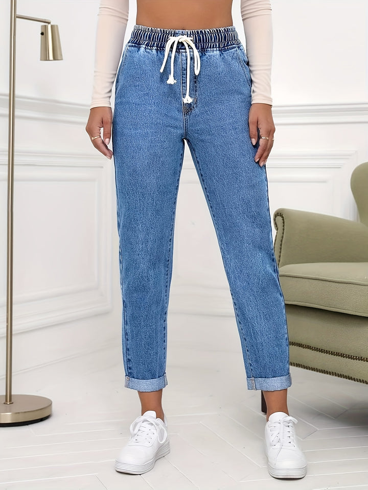 Hoge Taille Denim Broek – Trekkoord & Comfortabele Pasvorm