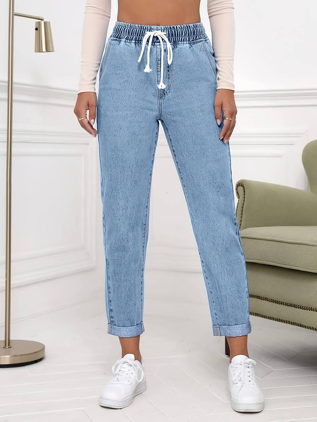 Hoge Taille Denim Broek – Trekkoord & Comfortabele Pasvorm