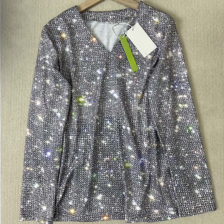 Hoya - Zilver metallic disco tinsel print V-hals top met lange mouwen