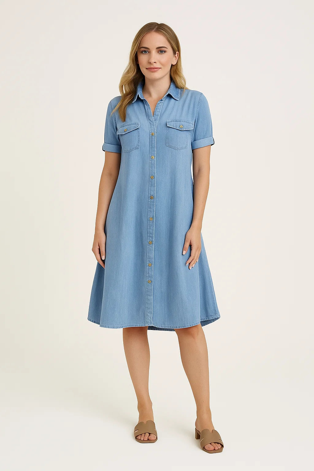 Jackie - midi-jurk met korte mouwen en knoopsluiting