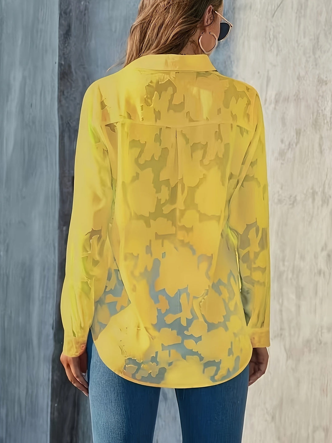 Jacquard Doorzichtige Lose Blouse - Geweven Ontwerp & Lange Mouwen