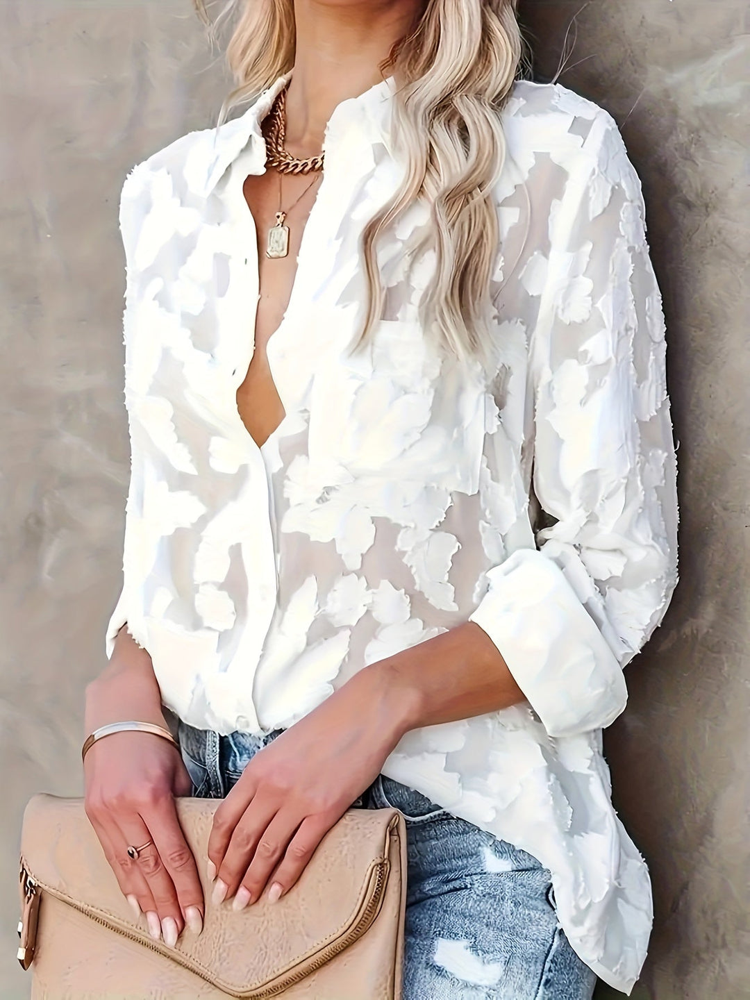 Jacquard Doorzichtige Lose Blouse - Geweven Ontwerp & Lange Mouwen
