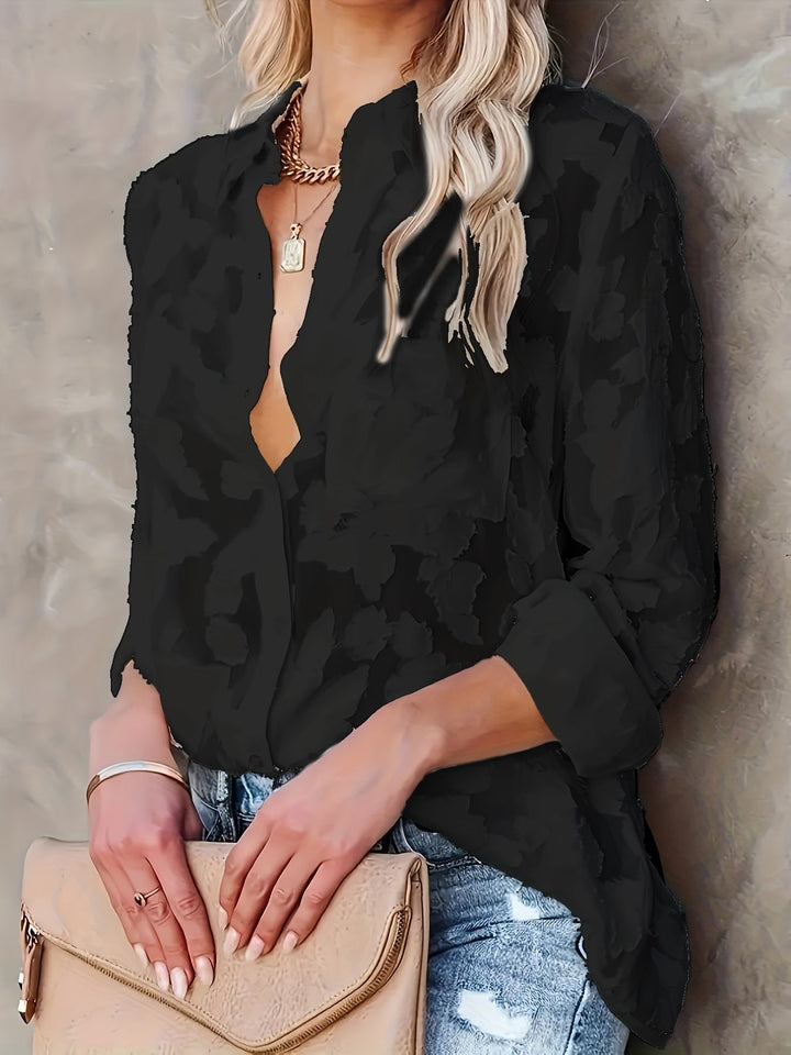 Jacquard Doorzichtige Lose Blouse - Geweven Ontwerp & Lange Mouwen