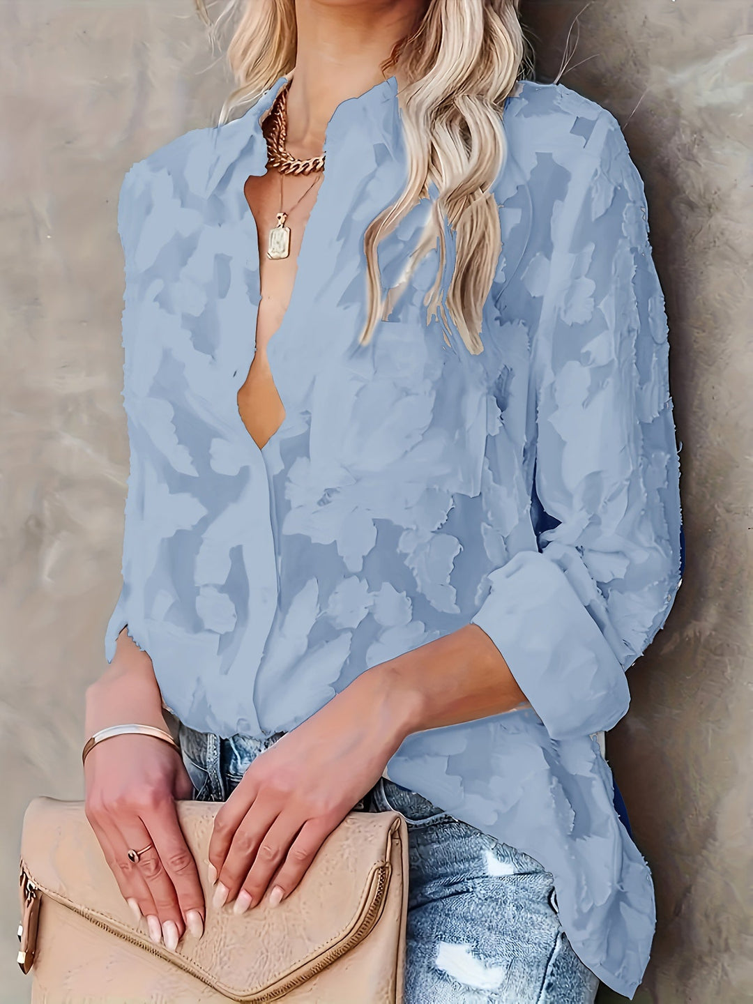 Jacquard Doorzichtige Lose Blouse - Geweven Ontwerp & Lange Mouwen