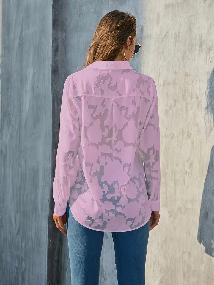 Jacquard Doorzichtige Lose Blouse - Geweven Ontwerp & Lange Mouwen