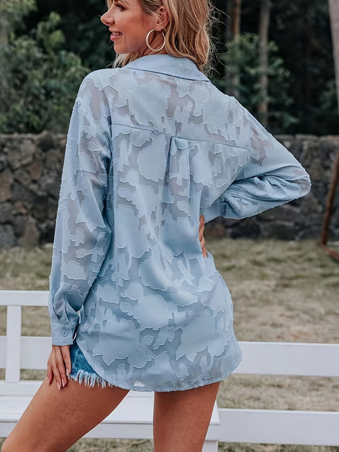 Jacquard Doorzichtige Lose Blouse - Geweven Ontwerp & Lange Mouwen