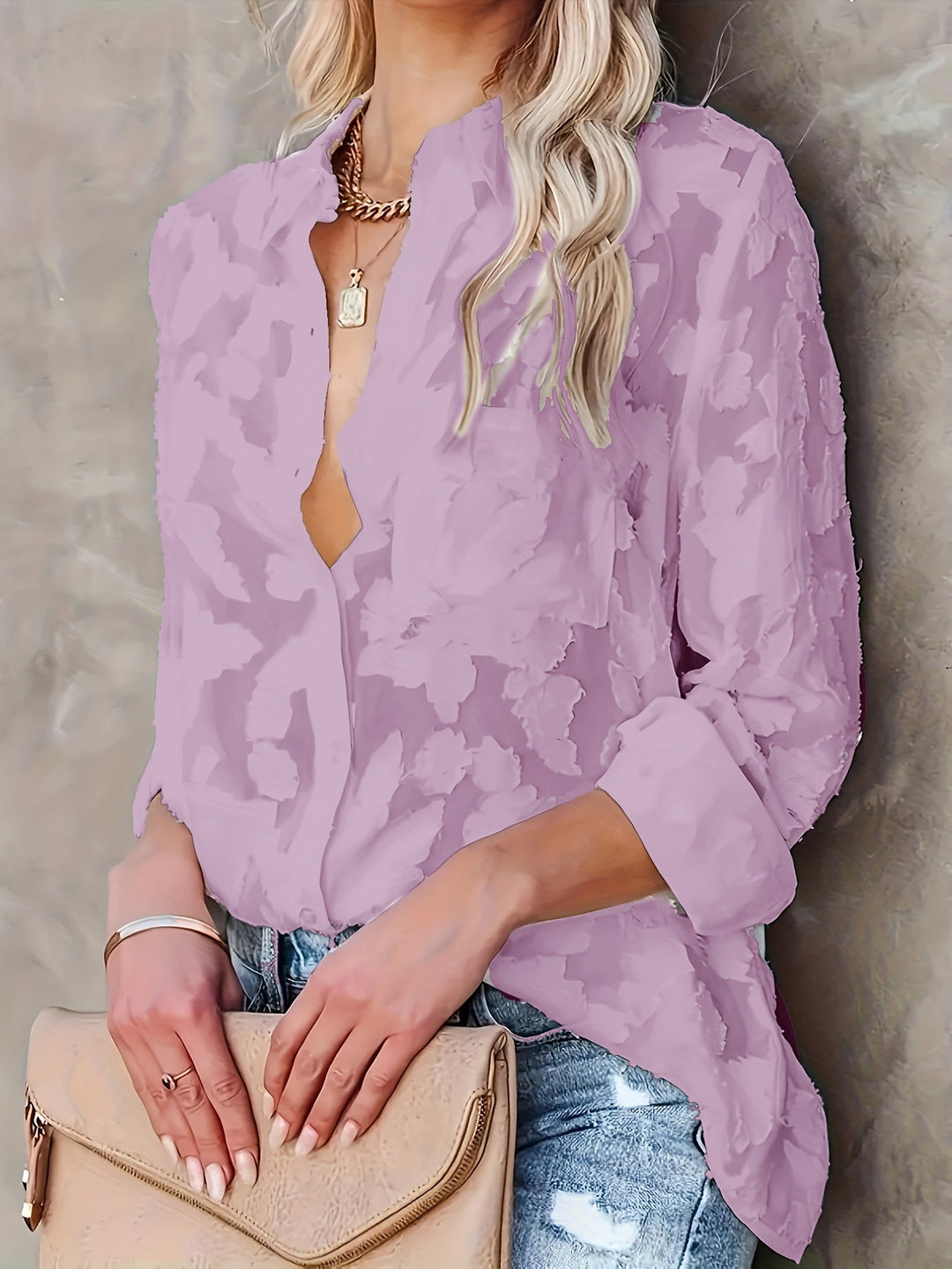Jacquard Doorzichtige Lose Blouse - Geweven Ontwerp & Lange Mouwen