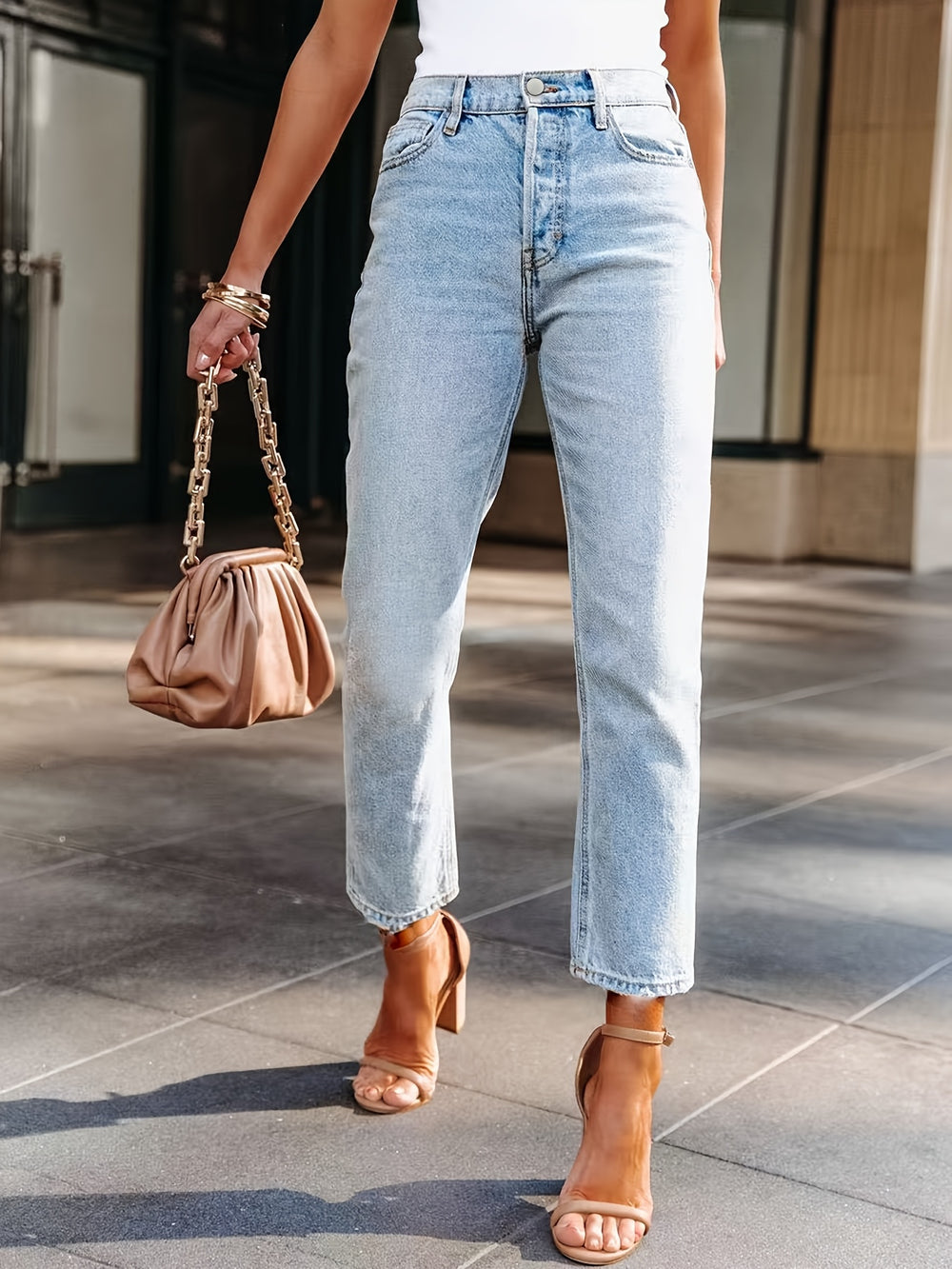 Jeans - Denim Midden Taille Rechte Pijp Met Zakken & Ademende Pasvorm