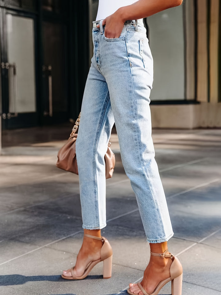 Jeans - Denim Midden Taille Rechte Pijp Met Zakken & Ademende Pasvorm