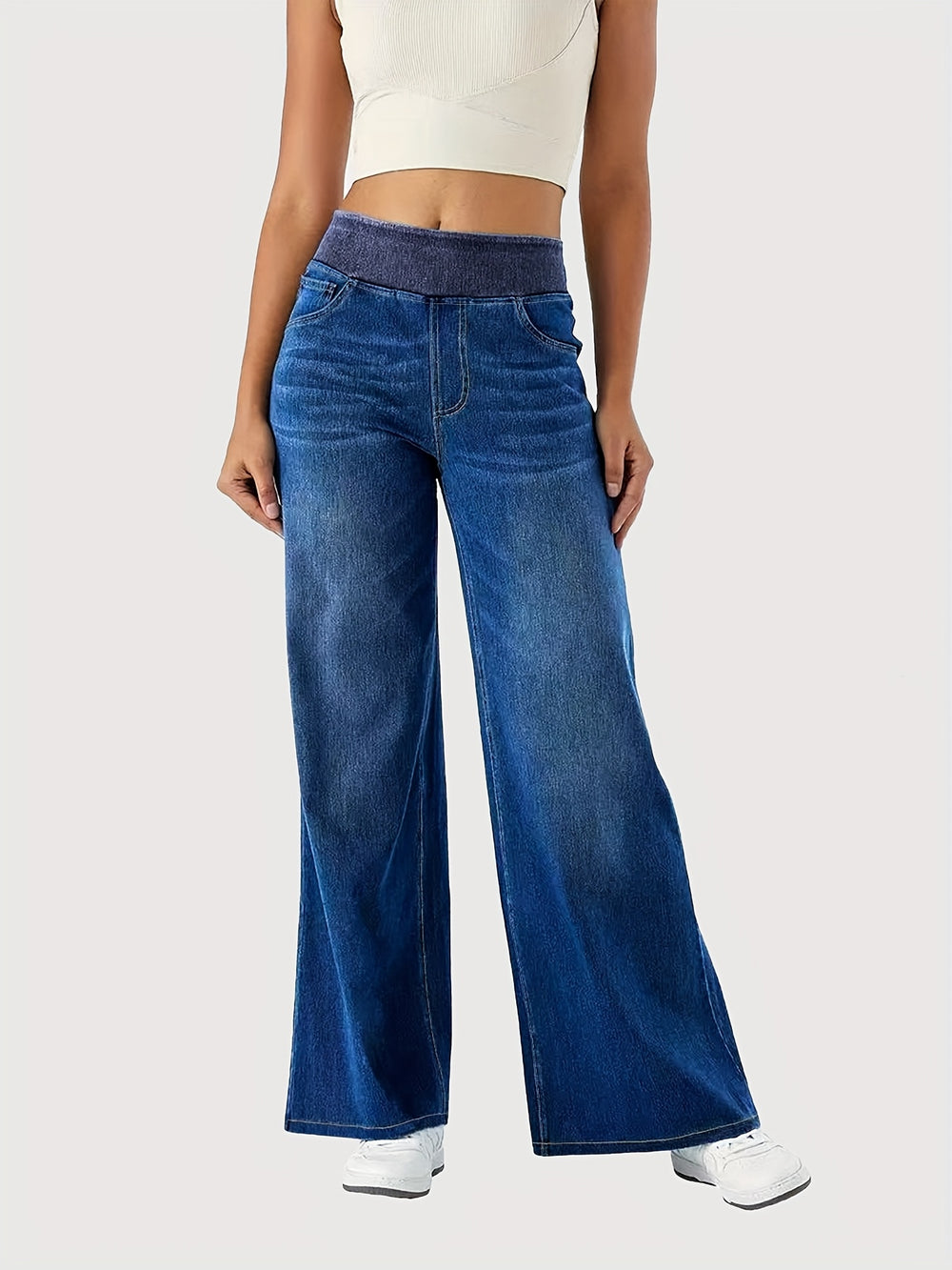 Jeans – Hoge Taille Wijde Pijp & Elastische Taille