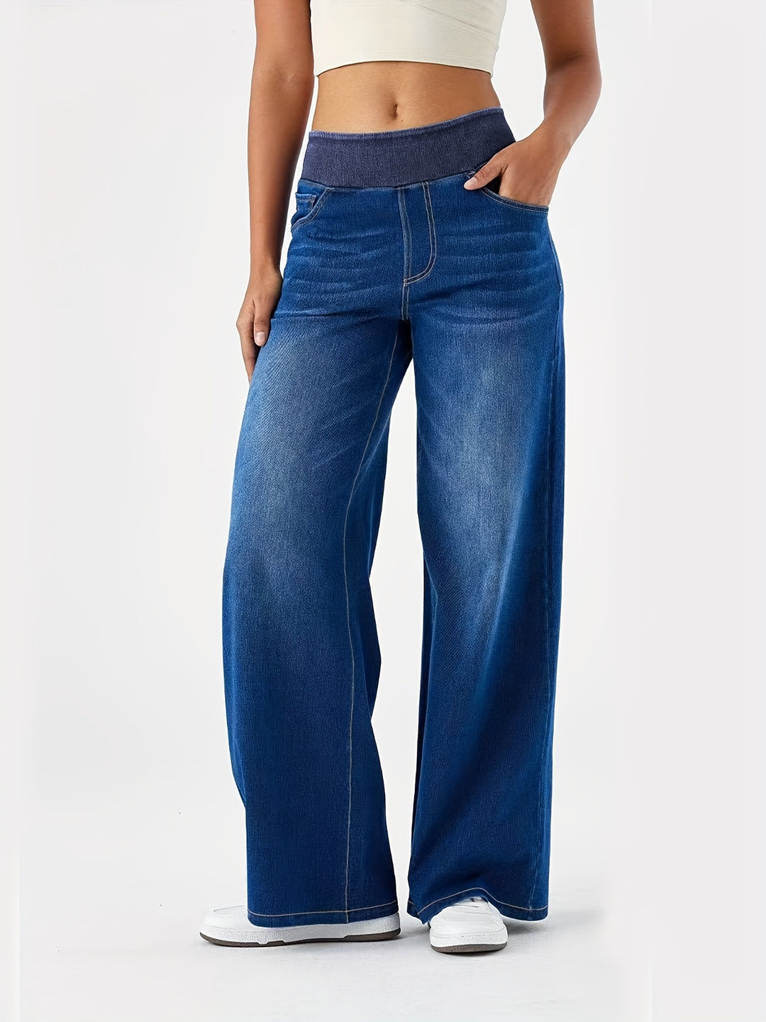Jeans – Hoge Taille Wijde Pijp & Elastische Taille