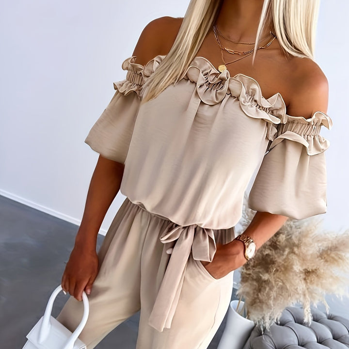 Jumpsuit – Blote Schouders & Ruches Zoom voor Beweeglijkheid