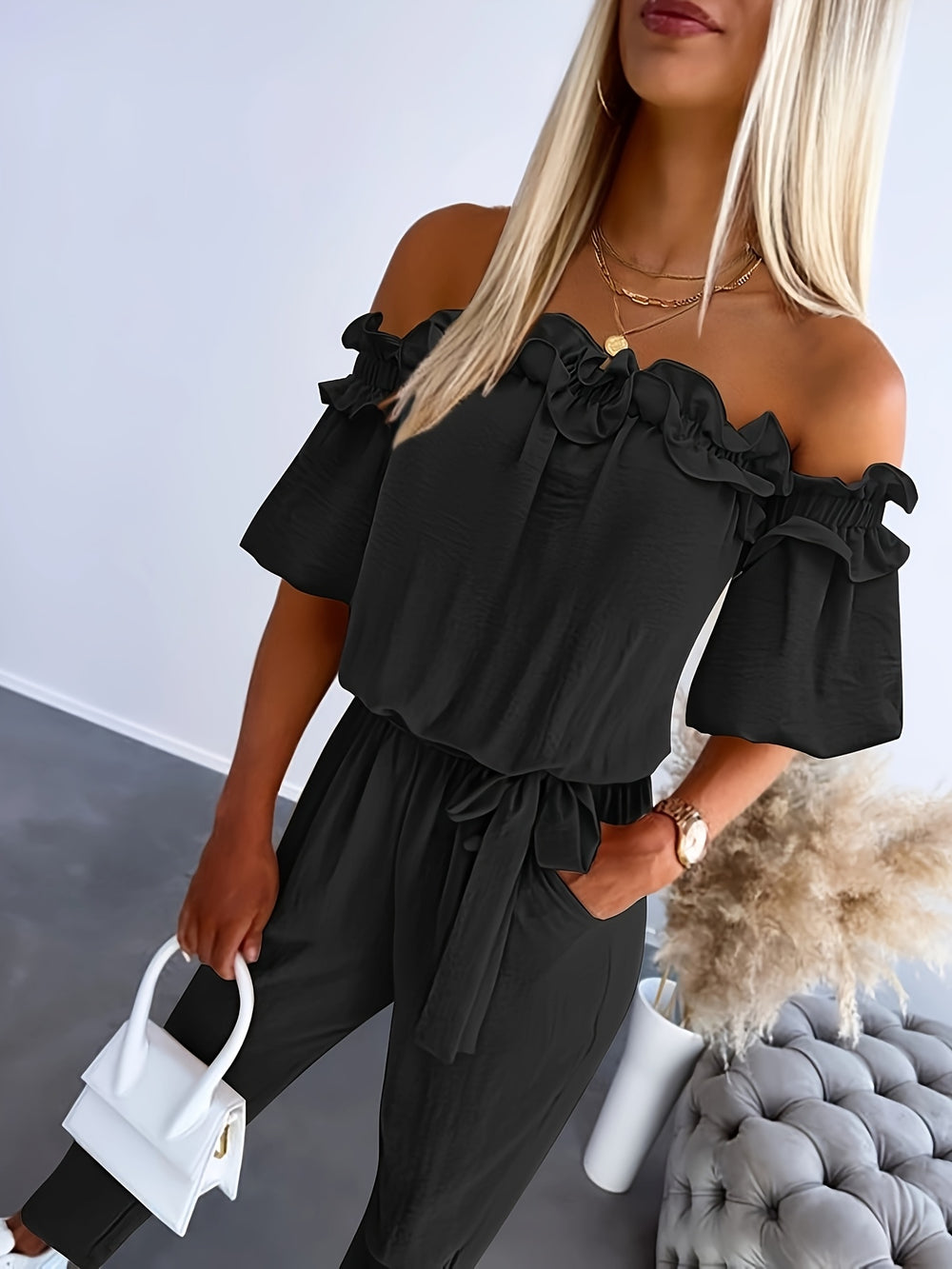 Jumpsuit – Blote Schouders & Ruches Zoom voor Beweeglijkheid