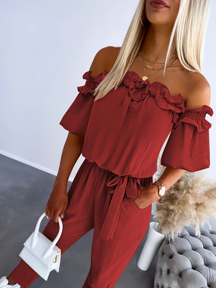 Jumpsuit – Blote Schouders & Ruches Zoom voor Beweeglijkheid