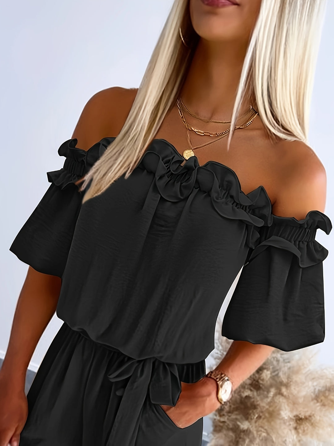 Jumpsuit – Blote Schouders & Ruches Zoom voor Beweeglijkheid