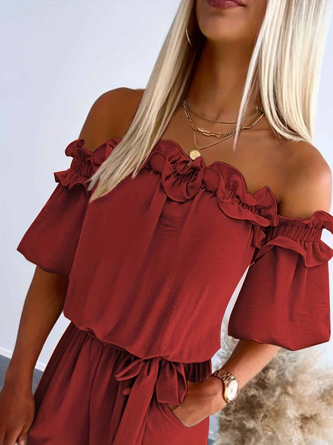 Jumpsuit – Blote Schouders & Ruches Zoom voor Beweeglijkheid