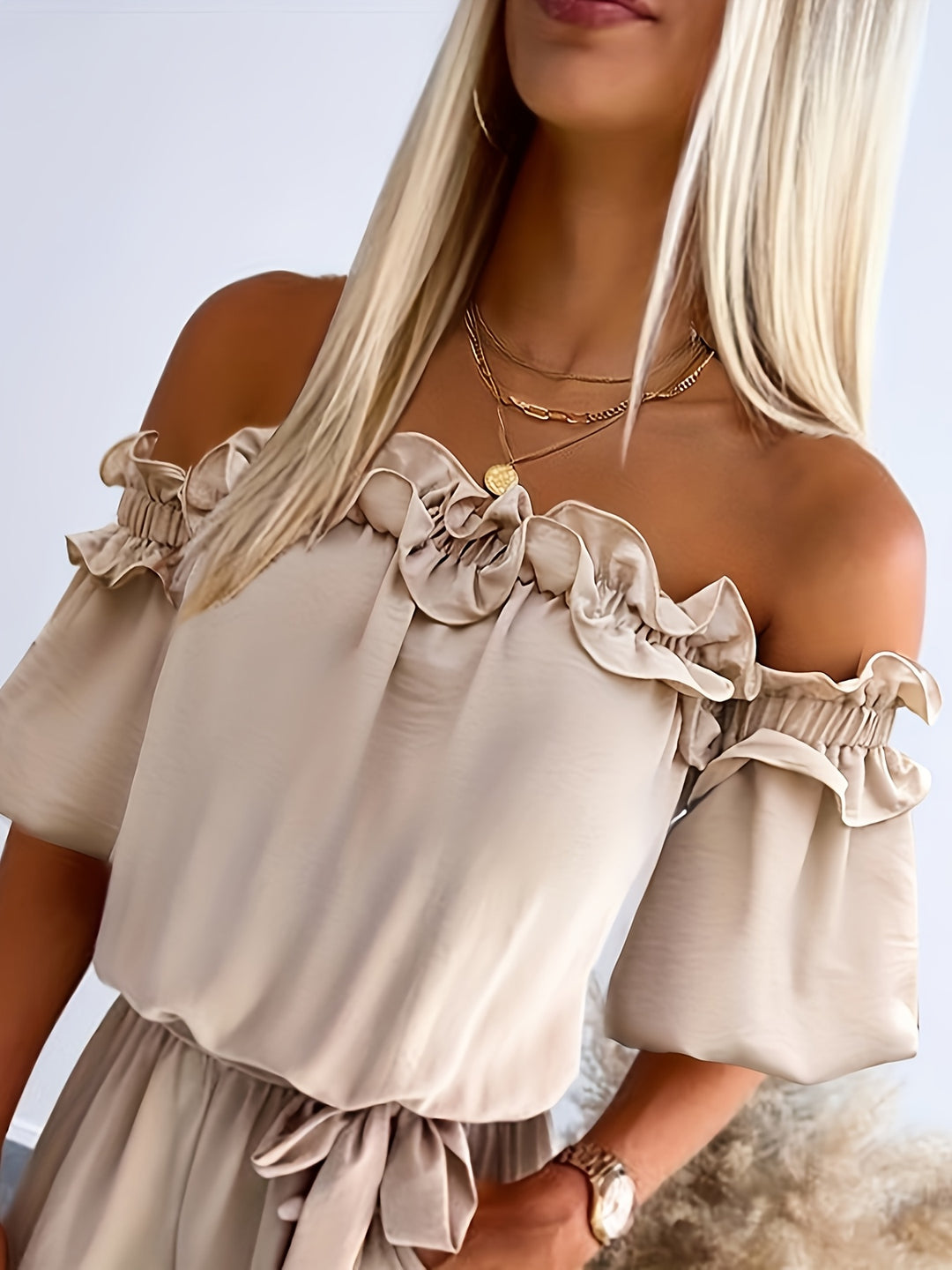 Jumpsuit – Blote Schouders & Ruches Zoom voor Beweeglijkheid
