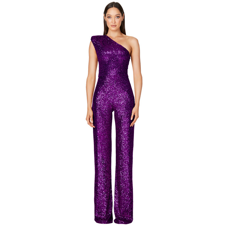 Jumpsuit – Een-schouder Ontwerp & Hoge Taille Met Sequins