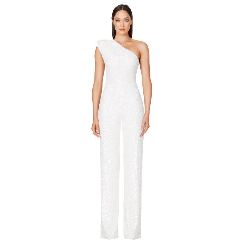 Jumpsuit – Een-schouder Ontwerp & Hoge Taille Met Sequins