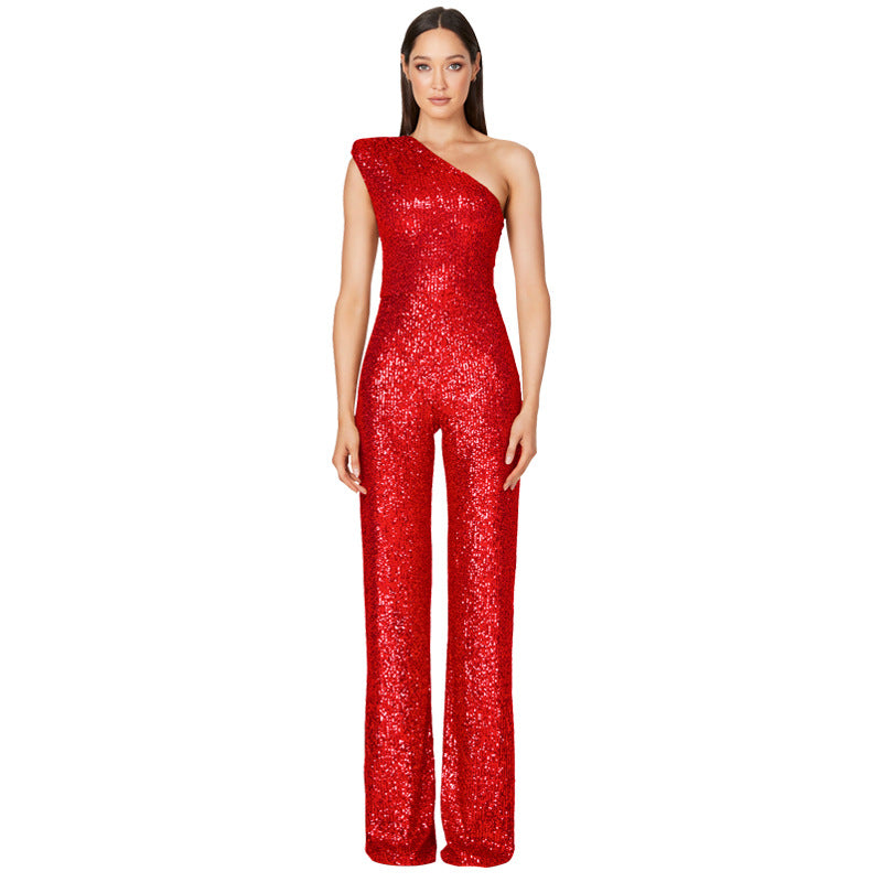Jumpsuit – Een-schouder Ontwerp & Hoge Taille Met Sequins