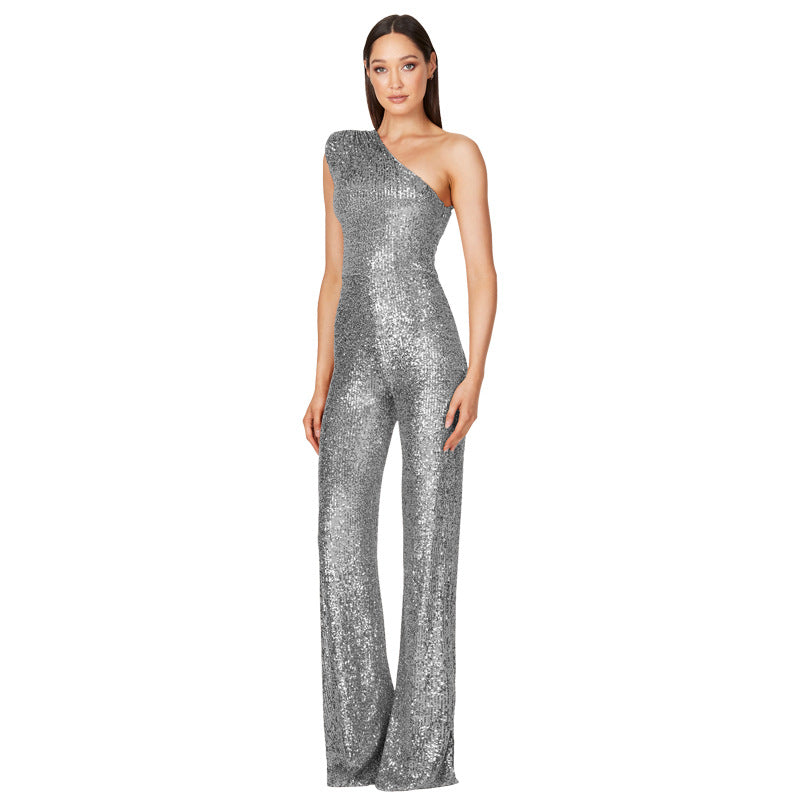 Jumpsuit – Een-schouder Ontwerp & Hoge Taille Met Sequins