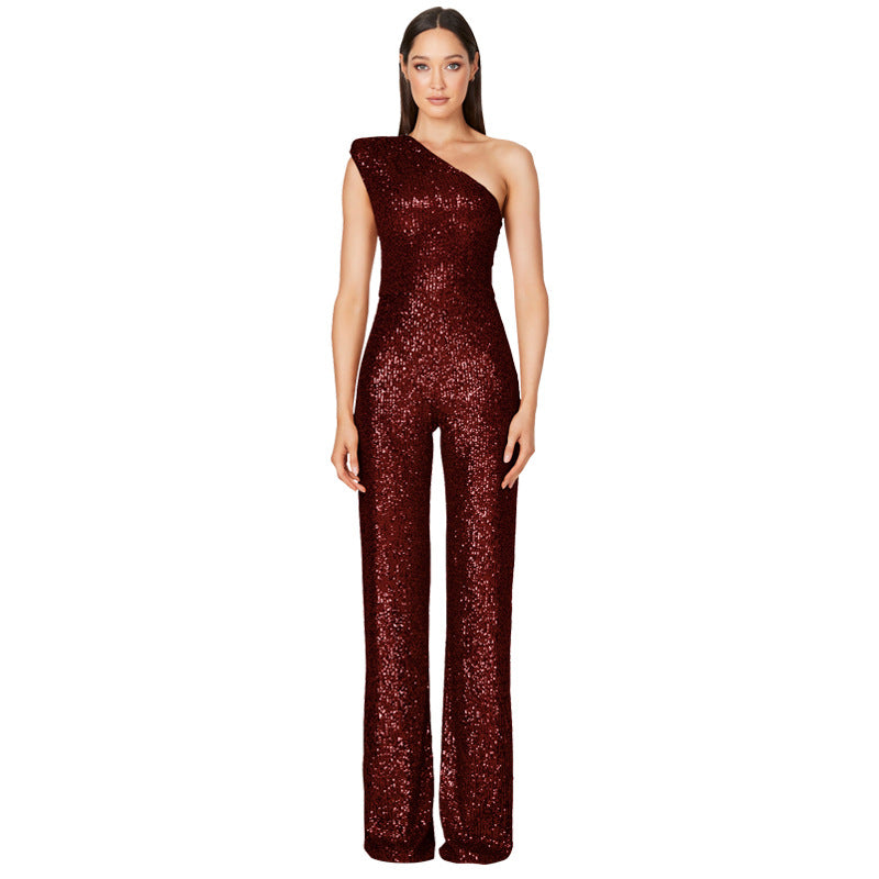 Jumpsuit – Een-schouder Ontwerp & Hoge Taille Met Sequins