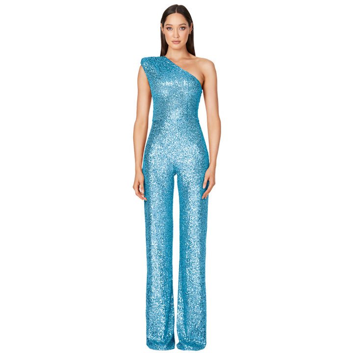 Jumpsuit – Een-schouder Ontwerp & Hoge Taille Met Sequins