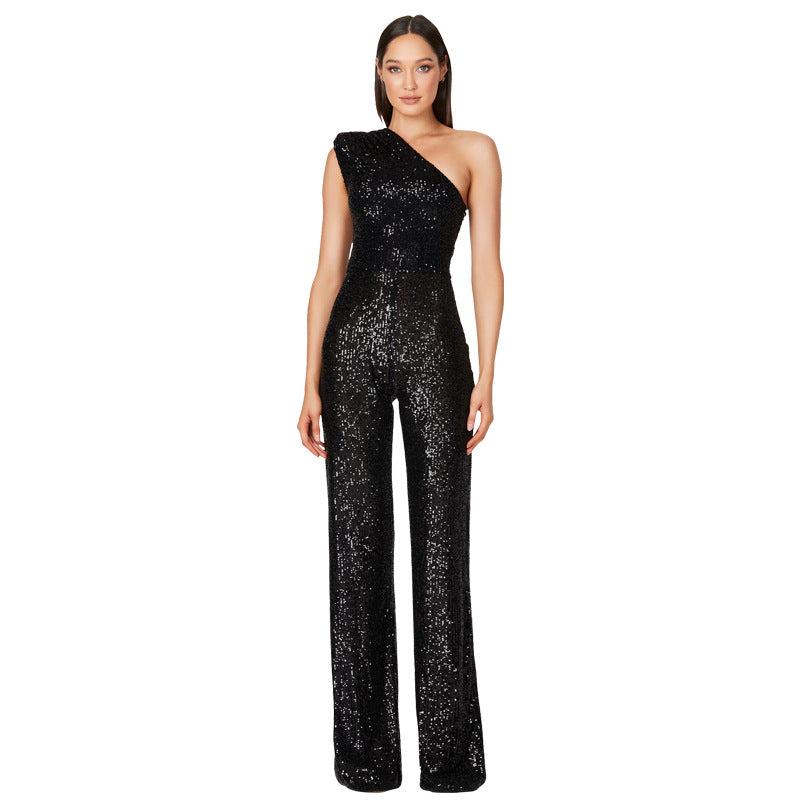 Jumpsuit – Een-schouder Ontwerp & Hoge Taille Met Sequins