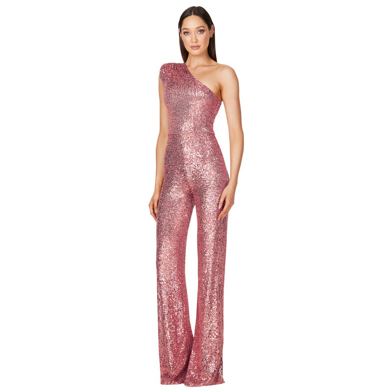 Jumpsuit – Een-schouder Ontwerp & Hoge Taille Met Sequins