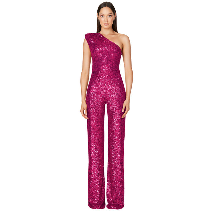 Jumpsuit – Een-schouder Ontwerp & Hoge Taille Met Sequins