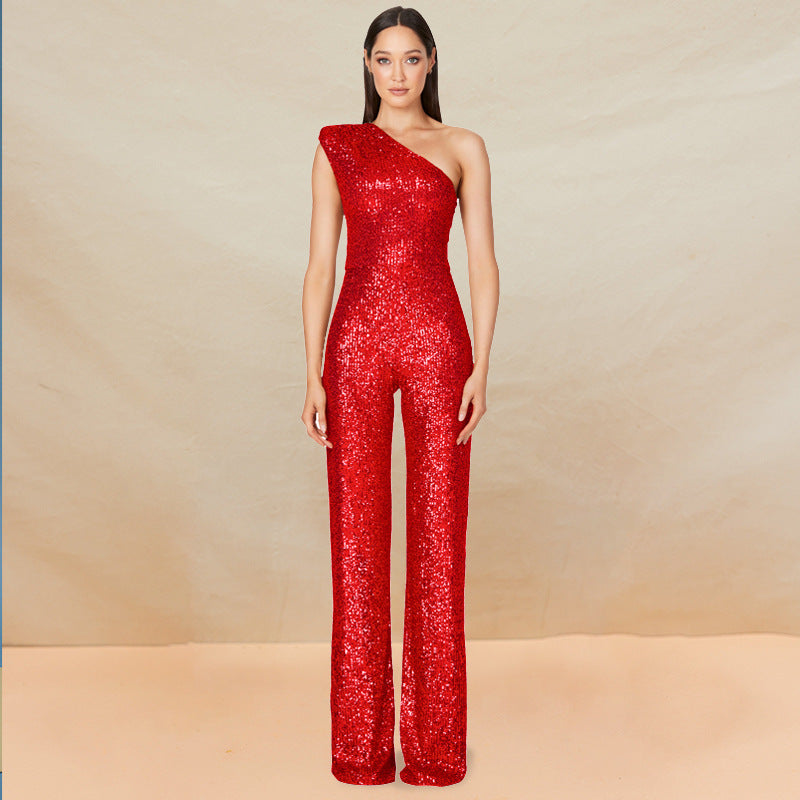 Jumpsuit – Een-schouder Ontwerp & Hoge Taille Met Sequins