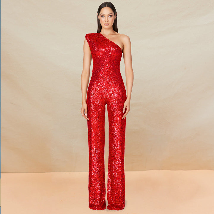 Jumpsuit – Een-schouder Ontwerp & Hoge Taille Met Sequins