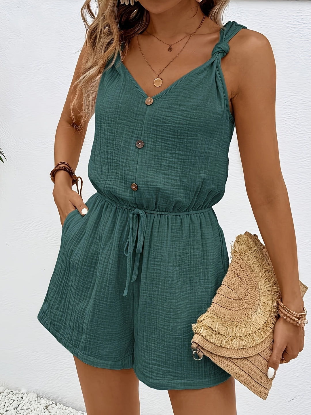 Jumpsuit – Lichtgewicht Geribde Stof & Trekkoord Taille