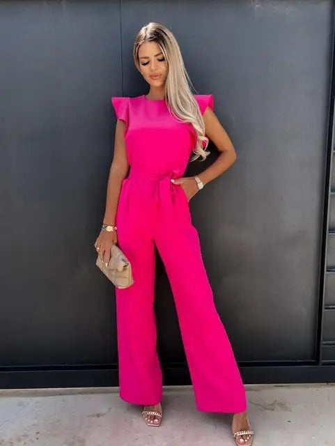 Jumpsuit – Ruchesmouwen & Ceintuur Voor Getailleerde Taille