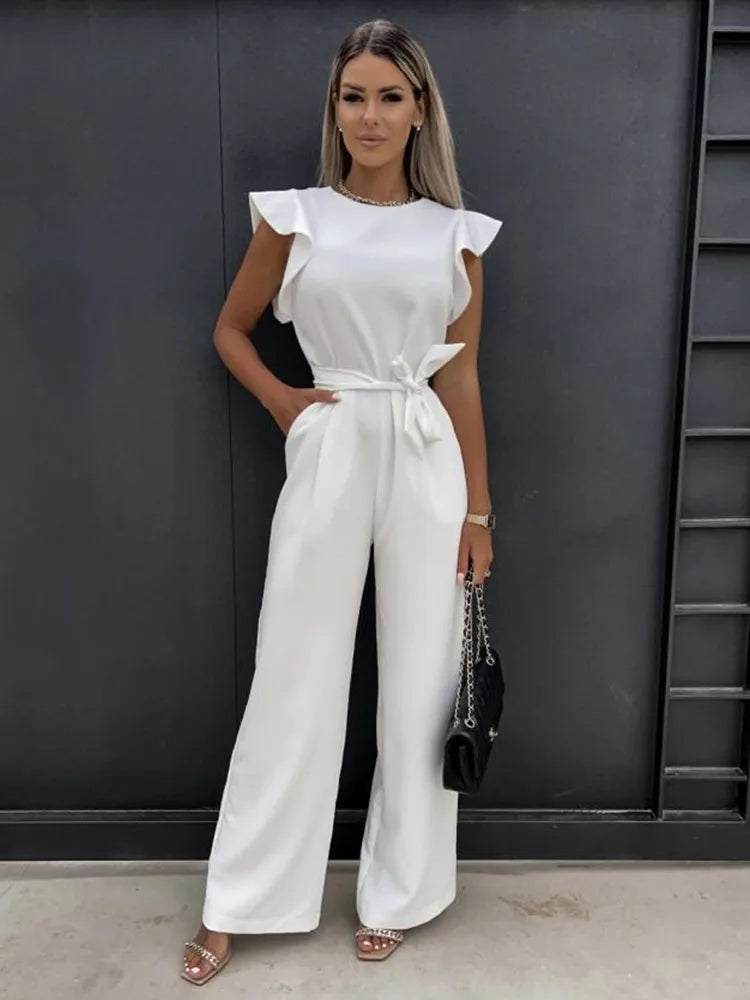 Jumpsuit – Ruchesmouwen & Ceintuur Voor Getailleerde Taille