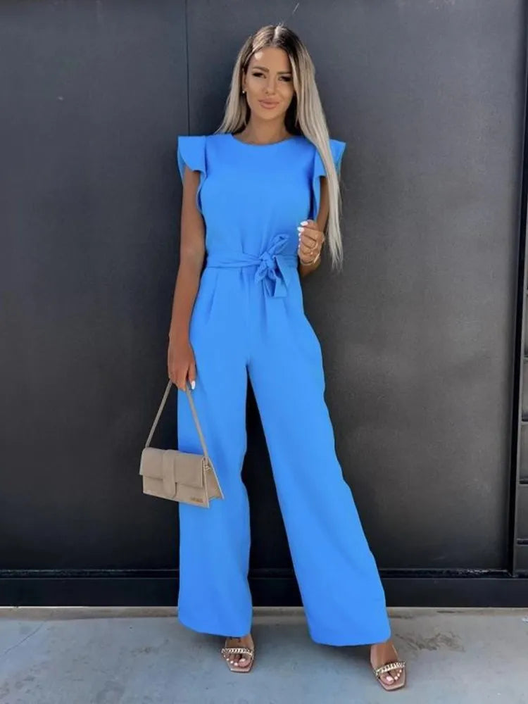 Jumpsuit – Ruchesmouwen & Ceintuur Voor Getailleerde Taille